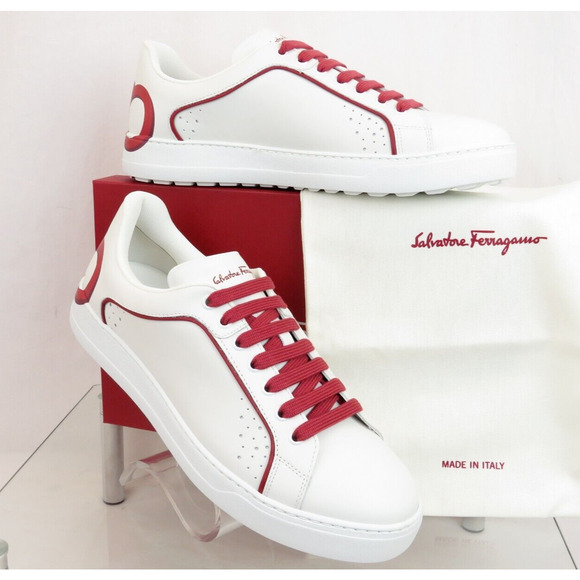 $795 FERRAGAMO MANHATTAN WHITE LEATHER RED GANCINI LOGO SNEAKERS 12 M ITALY main image 15
